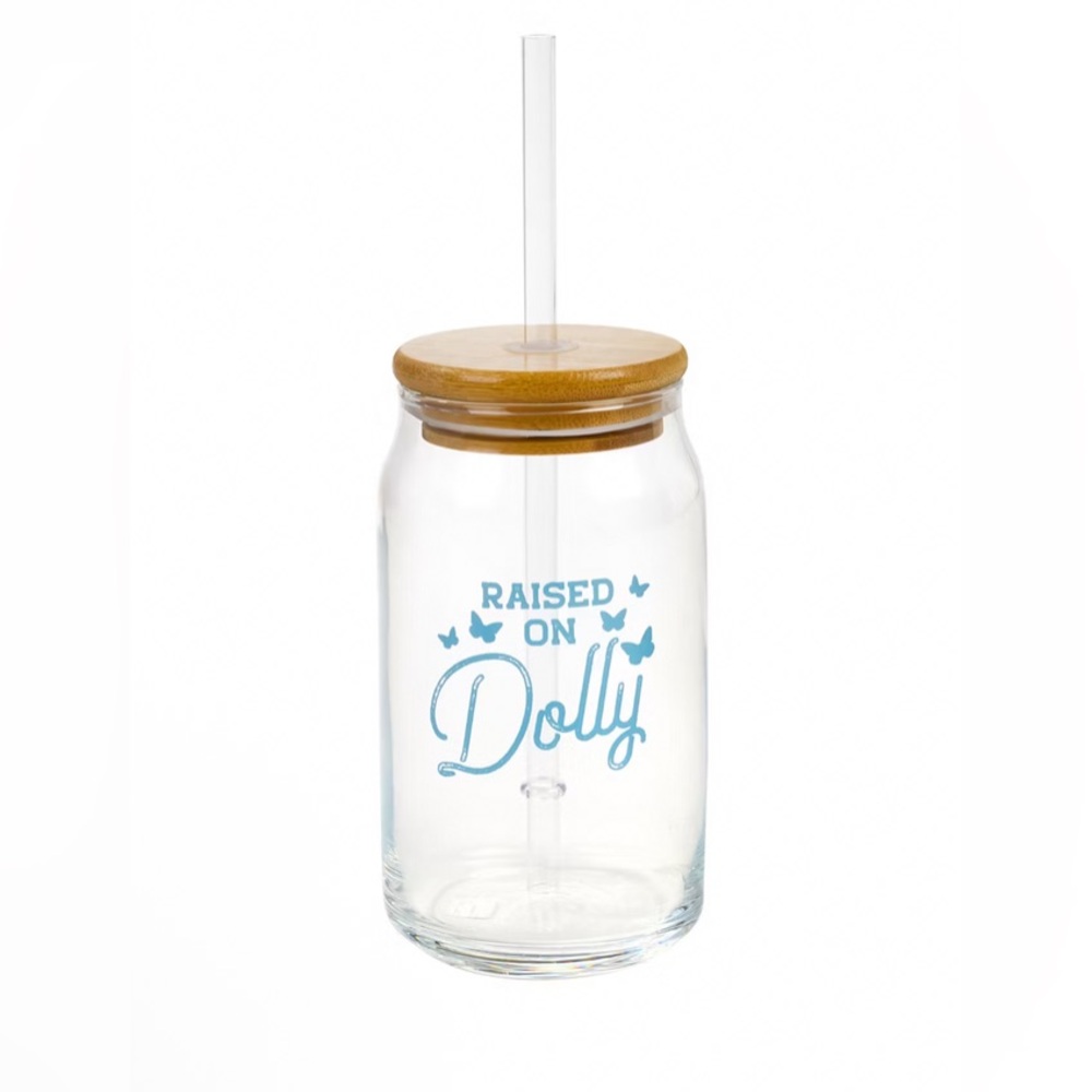 Dolly Parton Raised on Dolly Glass Can Tumbler w Bamboo Lid & Straw